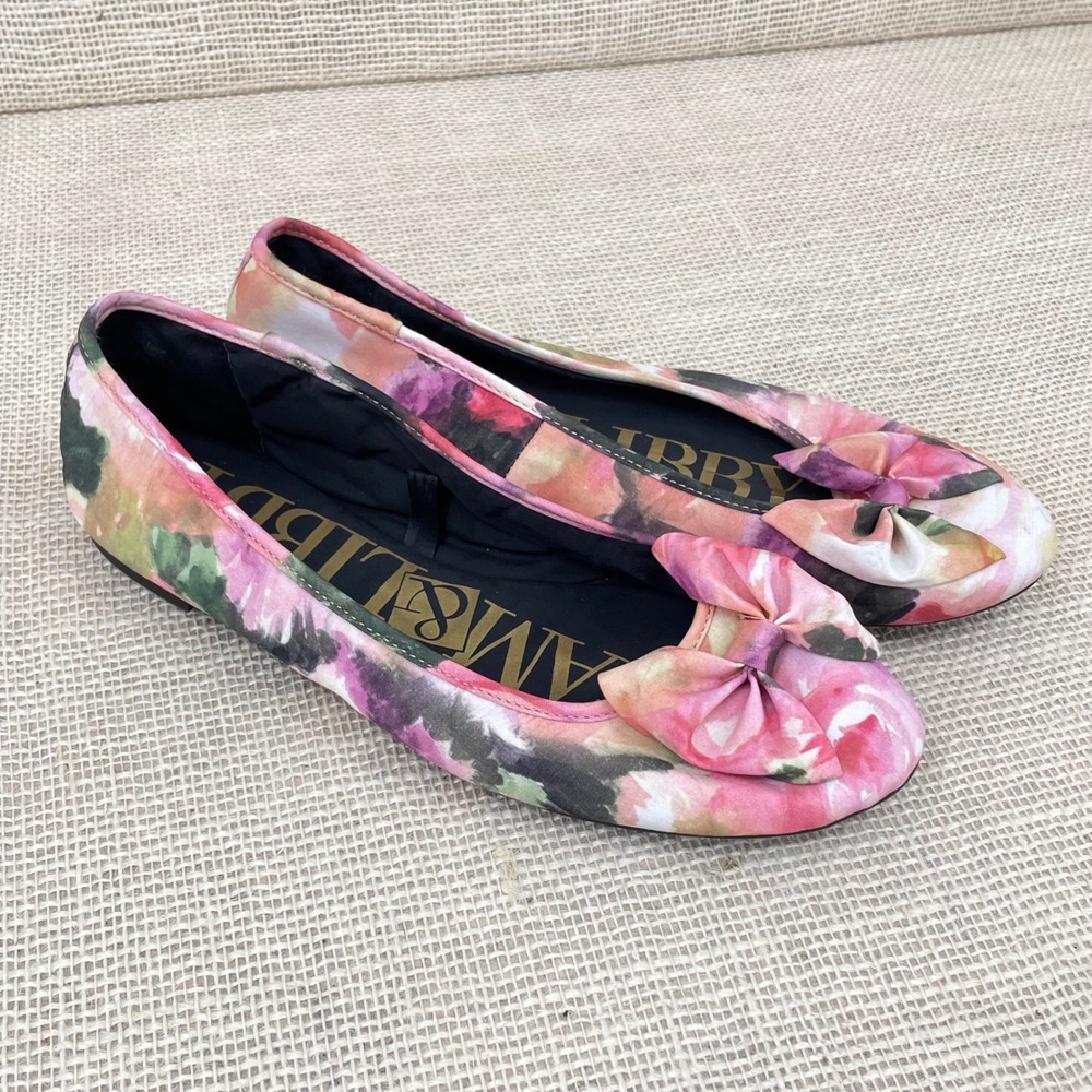Sam & Libby Womens Floral Bow Ballet Flats Pink Watercolor Print Size 8.5